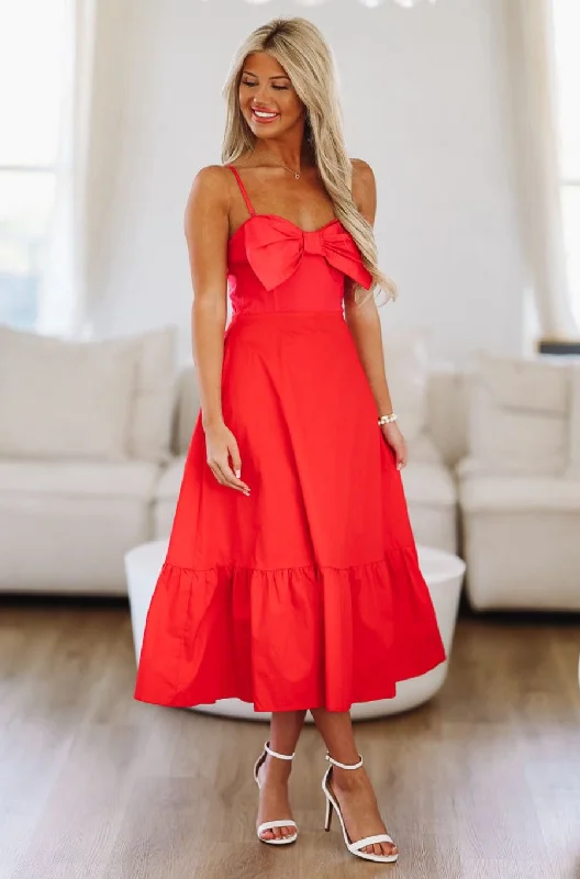 Admire Bow Midi Dress - Pink and Red