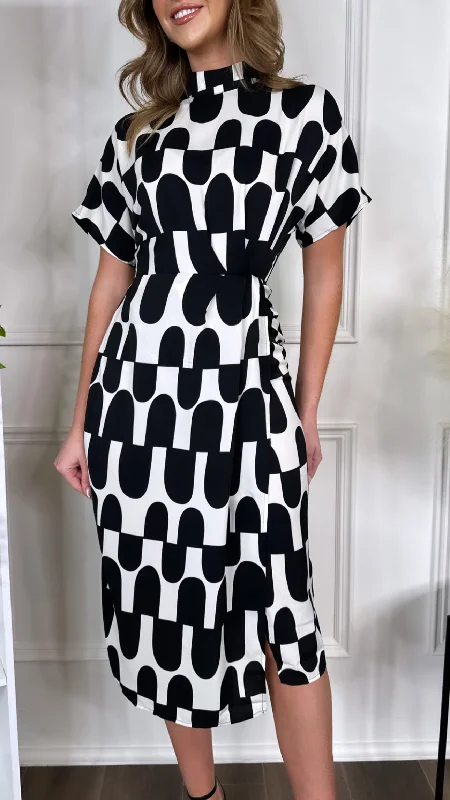 Cher Black And Cream Abstract Print High Neck Midi Dress