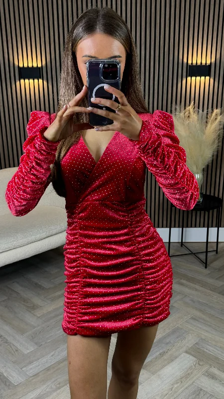 Enya Red Velvet Diamante Ruched Mini Dress