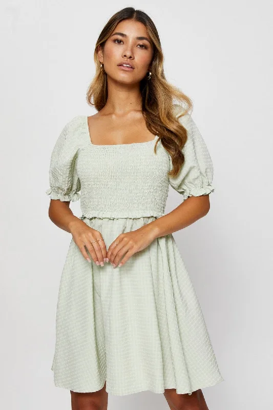 Green Fit And Flare Dress Short Sleeve Square Neck