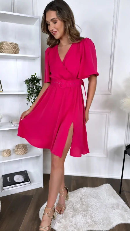 Nicolette Fuchsia Belted V Neck Midi Dress