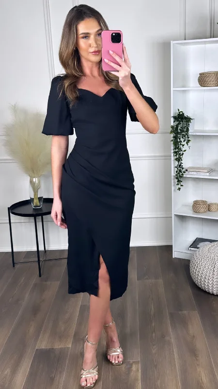 Rayne Black Sweetheart Neck Short Sleeve Ruched Midi Dress