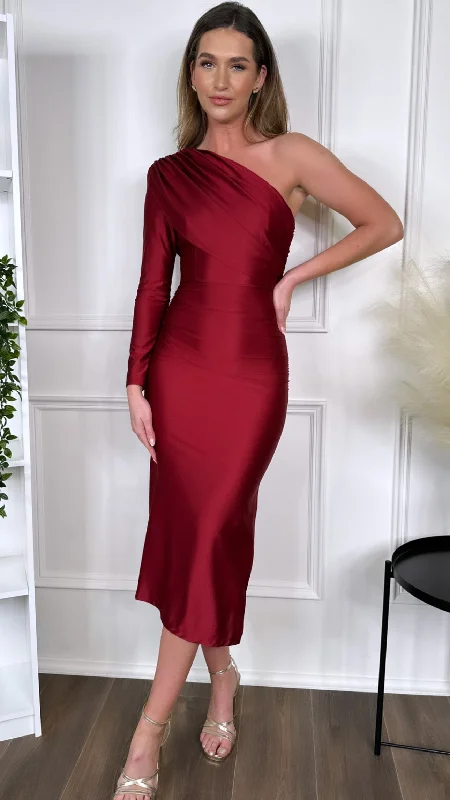 Tahlia Red One Shoulder Ruched Drape Detail Midi Dress