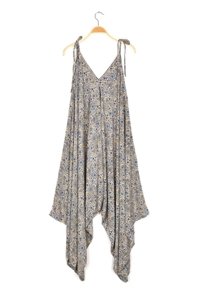 Tie Shoulder Printed Jumpsuit - Blue Ditzy