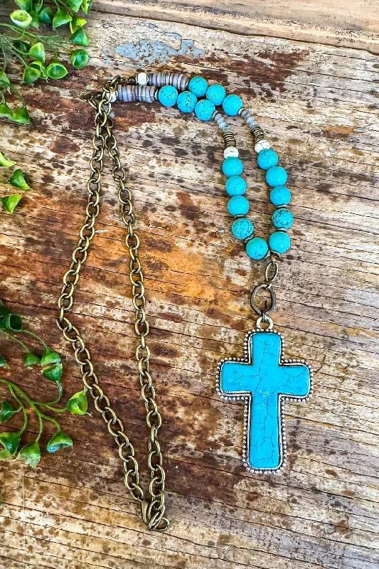 Bohemian Beaded Cross Chain Necklace - Turquoise