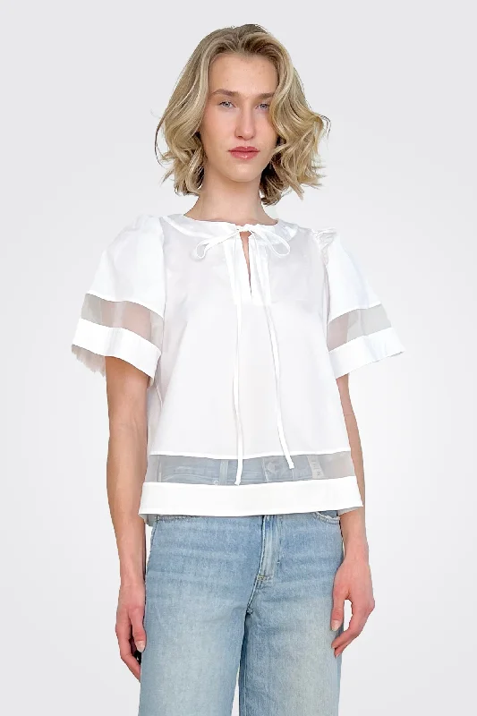 Tie Neck Short Sleeve Blouse - White