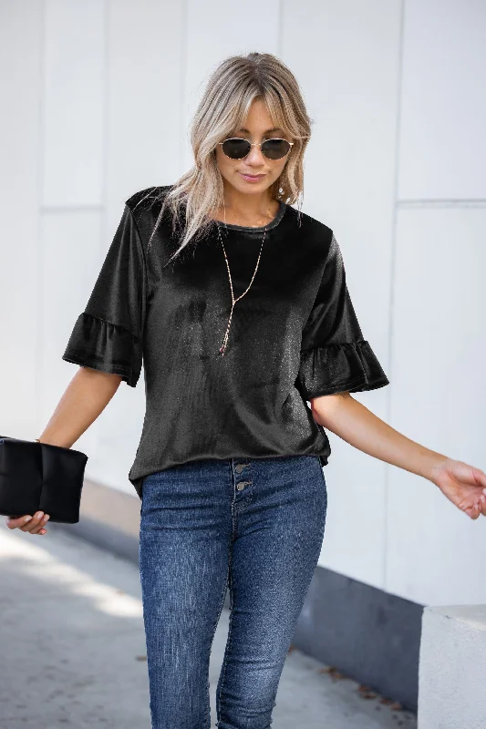 Velvet Ruffle Sleeve Top