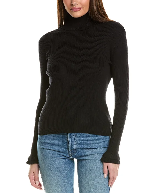 Hannah Rose Rib Ruffle Turtleneck Cashmere-Blend Sweater