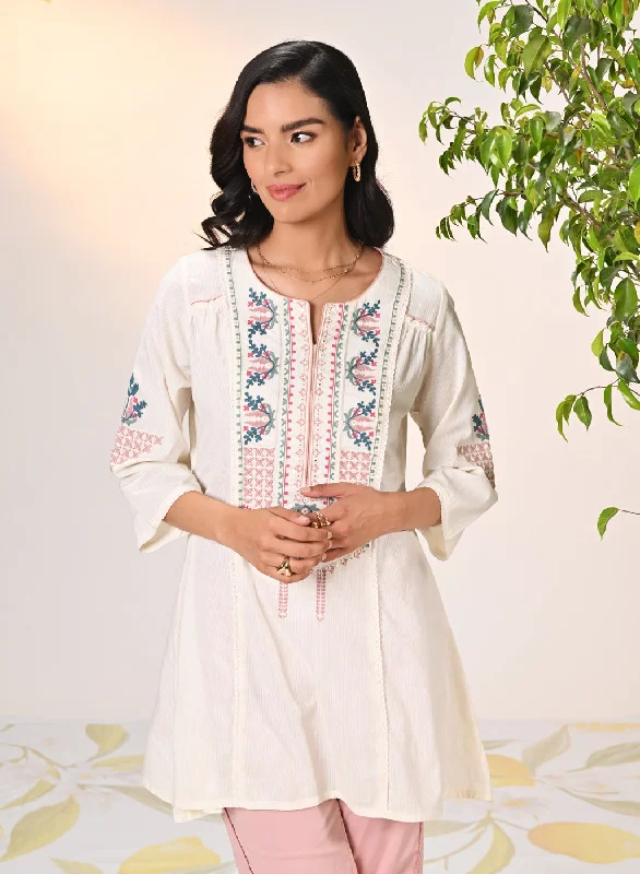 Naaznin Ivory Embroidered Striped Cotton Top for Women