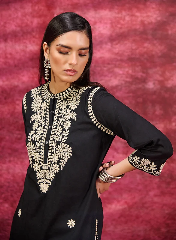 Saadgi Black Embroidered Cotton Linen Tunic for Women