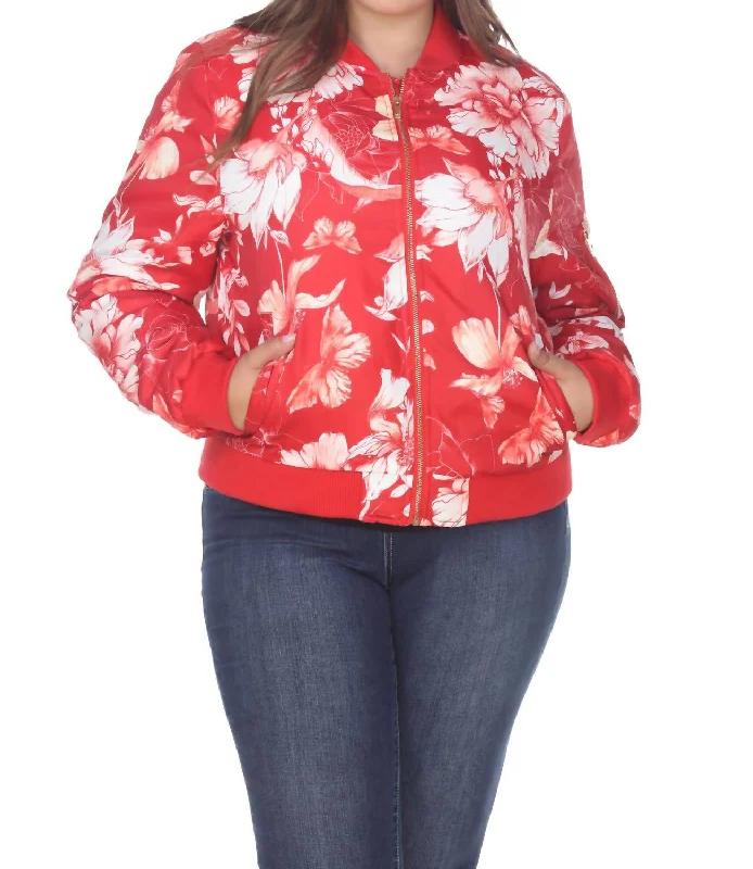 Floral Bomber Jacket - Plus Size In Red