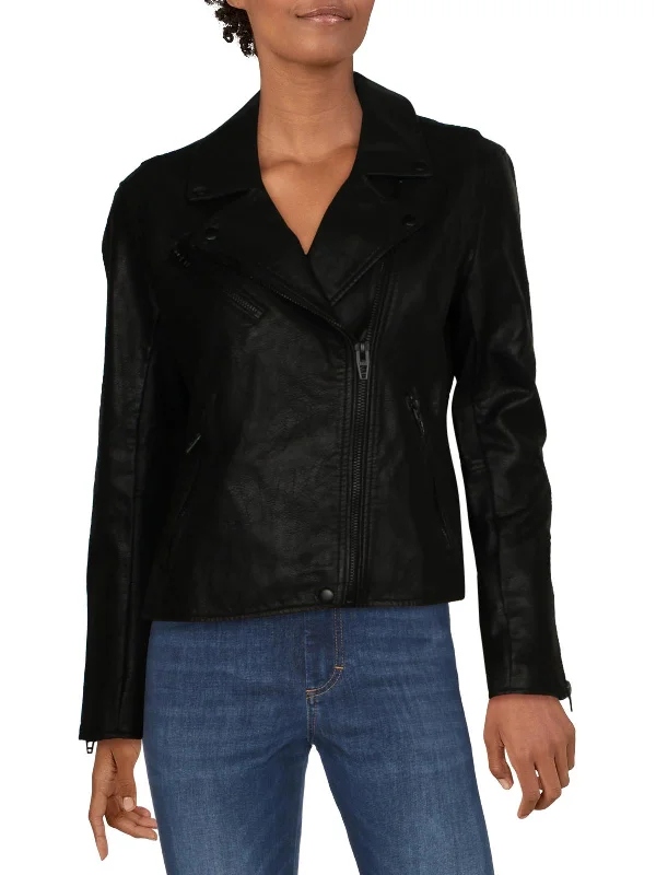 Womens Faux Leather Notch Collar Motorcycle Jacket