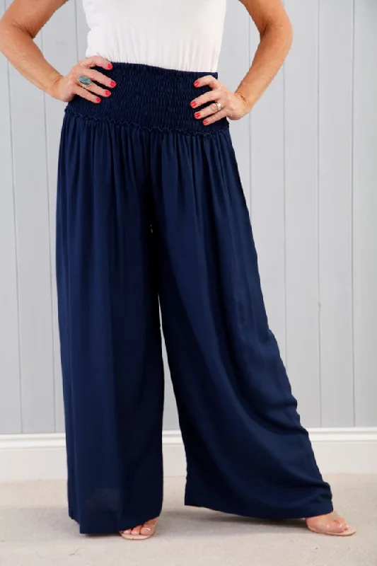 Ruched Waist Palazzo Pants Navy