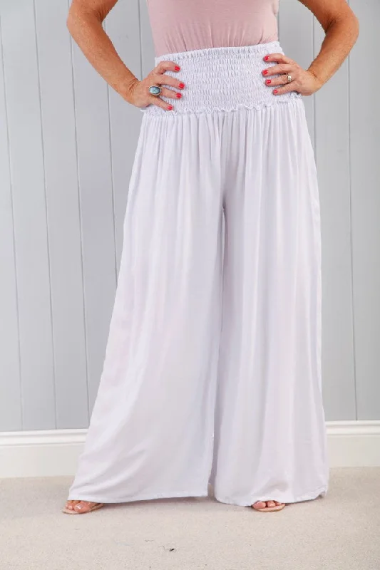 Ruched Waist Palazzo Pants White