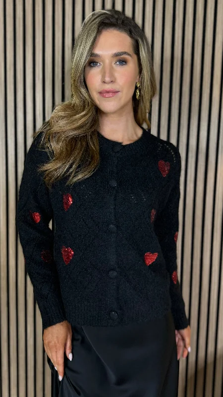 Jessie Black With Red Sequin Hearts Cardigan